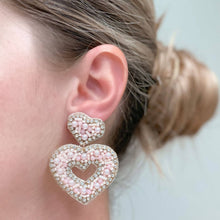 Load image into Gallery viewer, Sparkly Beaded Double Heart Dangle Earrings: Ivory