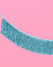 Load image into Gallery viewer, Blue Fringe Banner | blue foil, tinsel decor, party backdrop