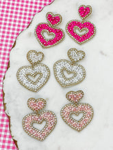 Load image into Gallery viewer, Sparkly Beaded Double Heart Dangle Earrings: Ivory