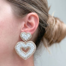 Load image into Gallery viewer, Sparkly Beaded Double Heart Dangle Earrings: Ivory