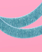 Load image into Gallery viewer, Blue Fringe Banner | blue foil, tinsel decor, party backdrop
