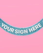 Load image into Gallery viewer, Blue Fringe Banner | blue foil, tinsel decor, party backdrop
