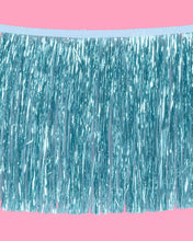 Load image into Gallery viewer, Blue Fringe Banner | blue foil, tinsel decor, party backdrop

