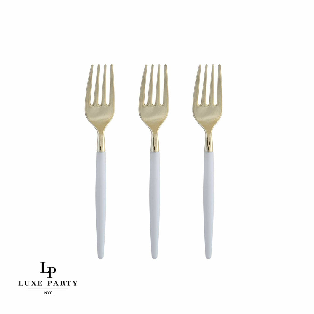 White and Gold Plastic Mini Forks | 20 Forks: 20 Mini Forks