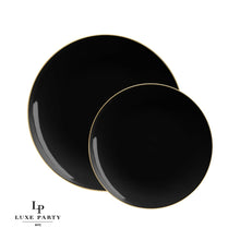 Load image into Gallery viewer, Round Black • Gold Plastic Plates | 10 Pack: 7.25&quot; Appetizer Plates
